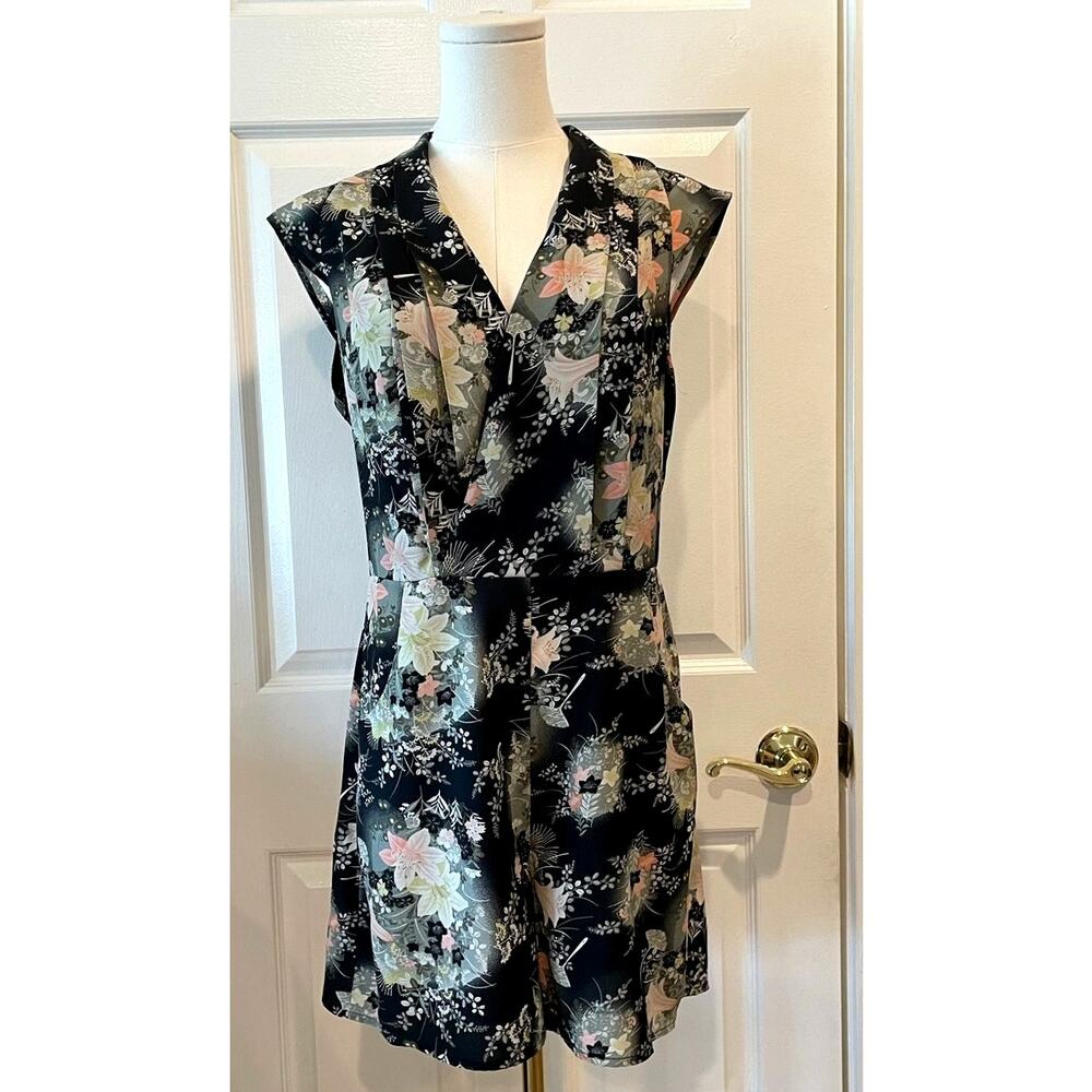 Oasis Japanese Floral Print Romper V-Neck Faux Wrap Cap Sleeves Black Size 12